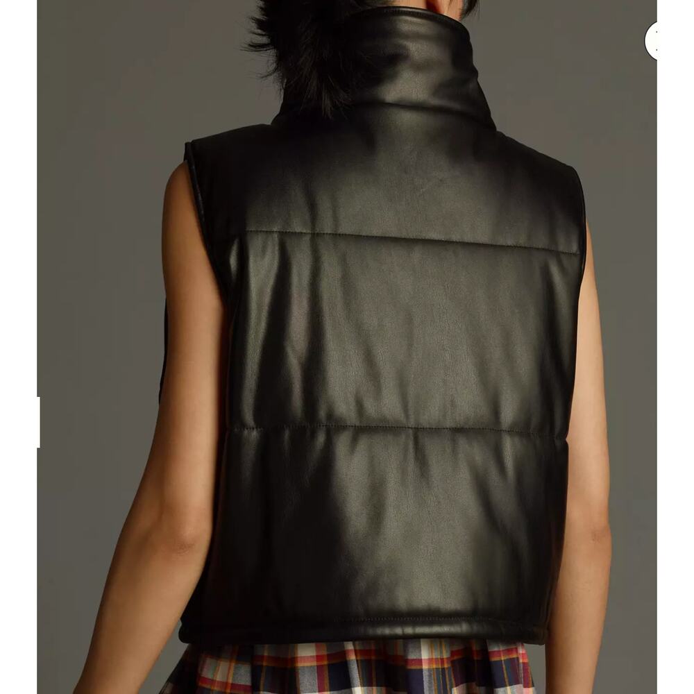 Anthropologie Faux Leather Puffer Vest Black Cropped Full Zip Pockets Size Small - Picture 3 of 11